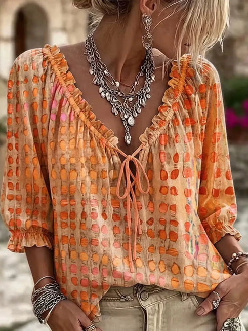 Women's Tie-Neck Ruffle Blouse - 3/4 Sleeve S-3XL - Twice The Charm Boutique