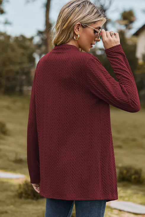 Back view of burgundy long cardigan with long sleeves