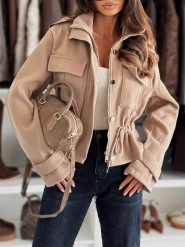 Women's drawstring button front jacket with pockets