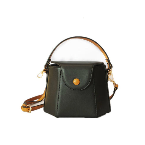 Black mini top-handle bucket bag, front view