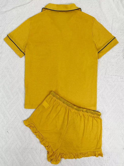 Button Down Pajama Set - Contrast Piping & Ruffle Shorts - Twice The Charm Boutique