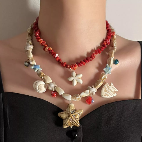 Red Layered Shell & Starfish Charm Necklace - Twice The Charm Boutique