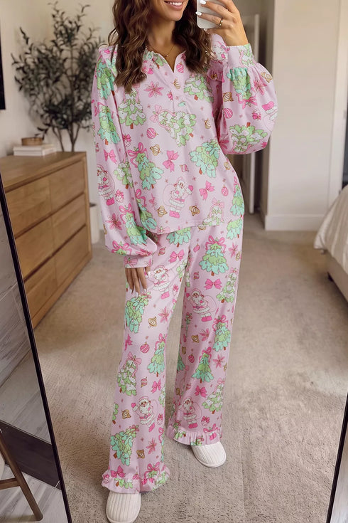 Christmas Pajama Set - Button Front & Ruffle Detail - Twice The Charm Boutique