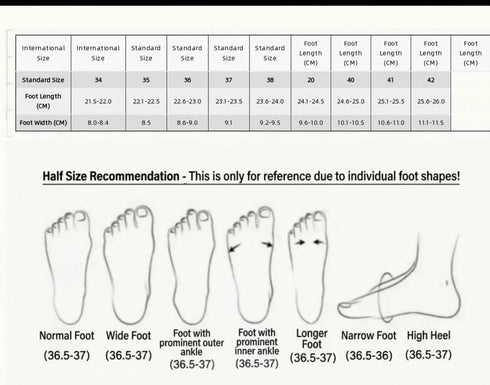 Supplier sneaker size chart with foot length and width values and an unconfirmed printed size 20 between 38 and 40