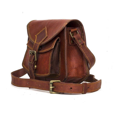 Angled Bennett satchel view showing side panel and adjustable strap