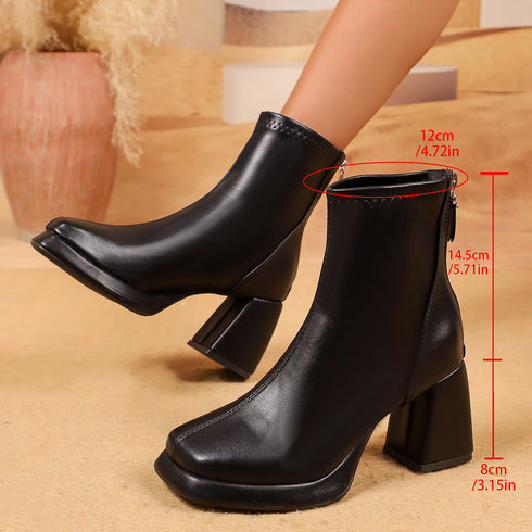 Black boot measurement image showing 14.5 cm shaft and 8 cm heel