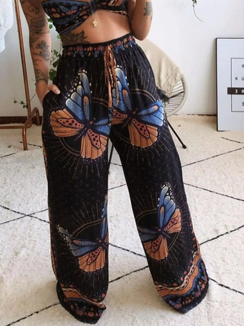 Women's Butterfly Print Two-Piece Set - Wide-Leg Pants - Twice The Charm Boutique