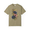 Olive-toned tee with navy and blush floral artwork around a gold-colored crescent moon