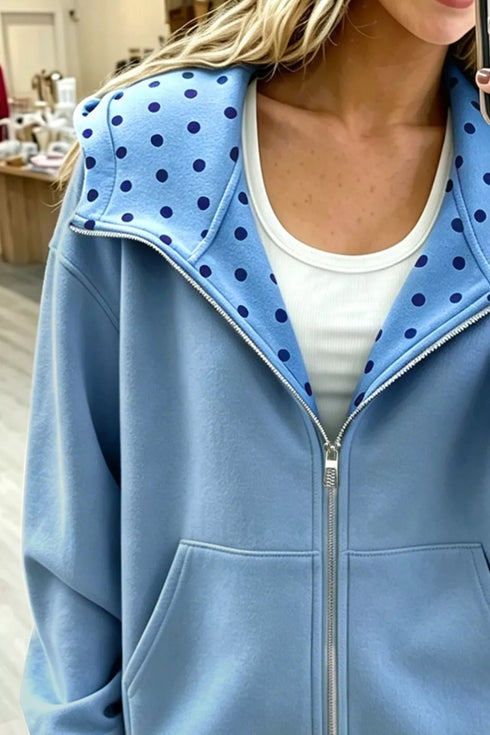 Light blue oversized polka dot zip up hoodie with pockets