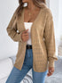 Khaki crochet-knit cardigan, close front view showing ribbed cuffs