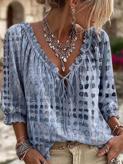 Women's Tie-Neck Ruffle Blouse - 3/4 Sleeve S-3XL - Twice The Charm Boutique