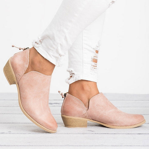 Pink notched ankle boots with stacked-look block heels