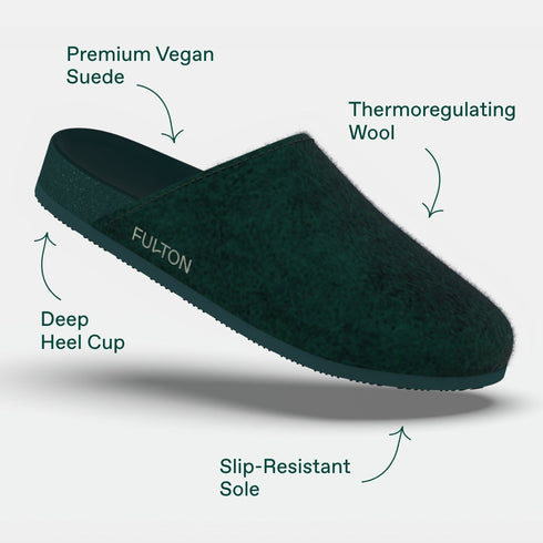 Forest Green Fulton shoe diagram identifying upper, footbed lining and sole