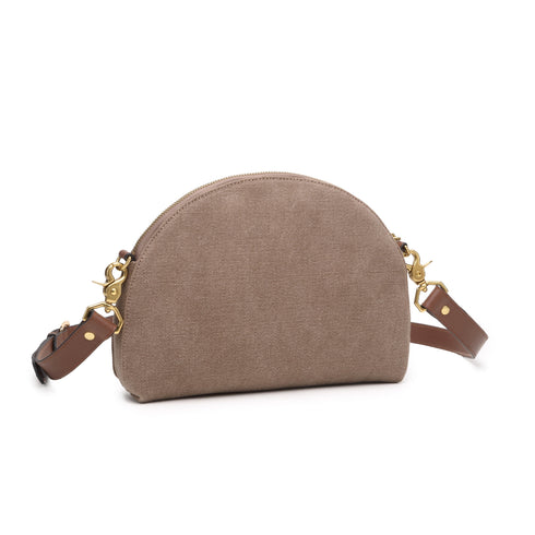 Angled front of chocolate canvas Hopper bag and brown leather strap