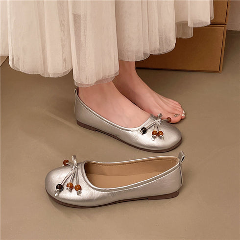Women Retro Vintage Wooden Bead Small Front Bow Ballet Flats, Round Toe Wrinkled Soft Glossy Patent Metallic Leather Foldable Comfy Slip On Casual Daily Doll Ballerina Loafer Slippers Metallic