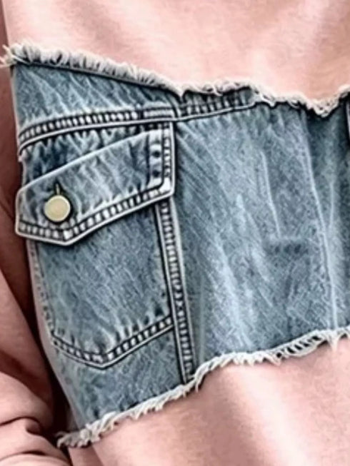 Plus Size Denim Patchwork Sweatshirt - Raw Hem Detail - Twice The Charm Boutique