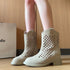 Beige perforated ankle boots worn with bare legs, showing low block heels