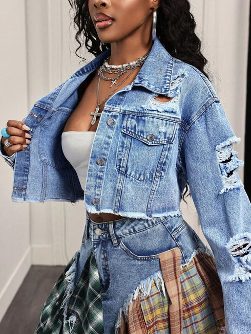 Blue distressed cropped denim jacket with raw hem for women