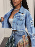 Blue distressed cropped denim jacket with raw hem for women