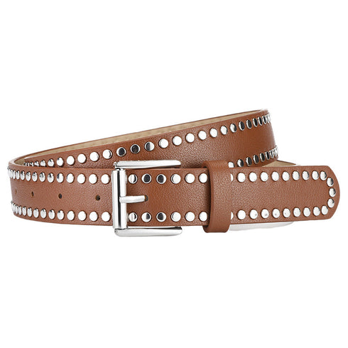 Camel studded belt with silver-tone buckle