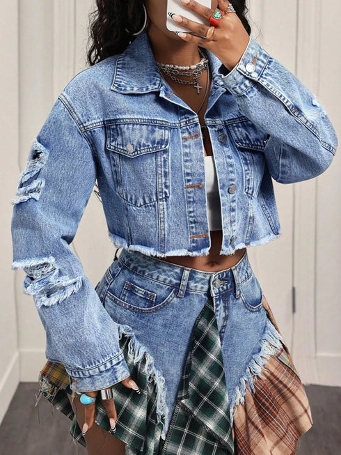 Blue distressed cropped denim jacket with raw hem for women