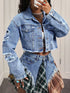 Blue distressed cropped denim jacket with raw hem for women