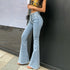 Light blue full-length flare jeans, side view