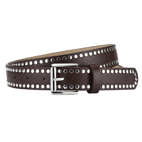 Brown studded faux-leather belt with rectangular pin buckle