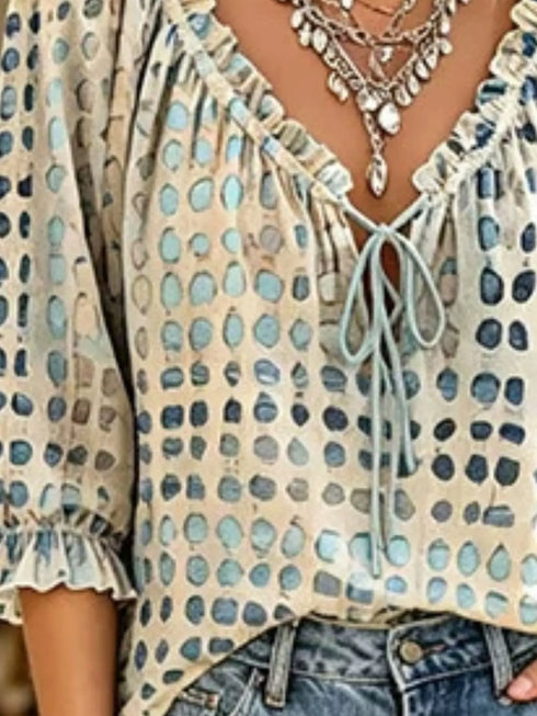 Women's Tie-Neck Ruffle Blouse - 3/4 Sleeve S-3XL - Twice The Charm Boutique