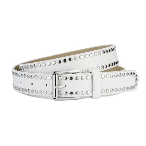 White faux-leather studded belt, coiled front view