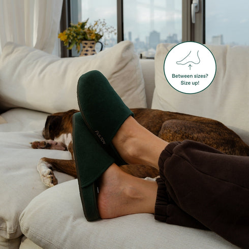 Forest Green Fulton shoes worn while reclining, with size-up reminder