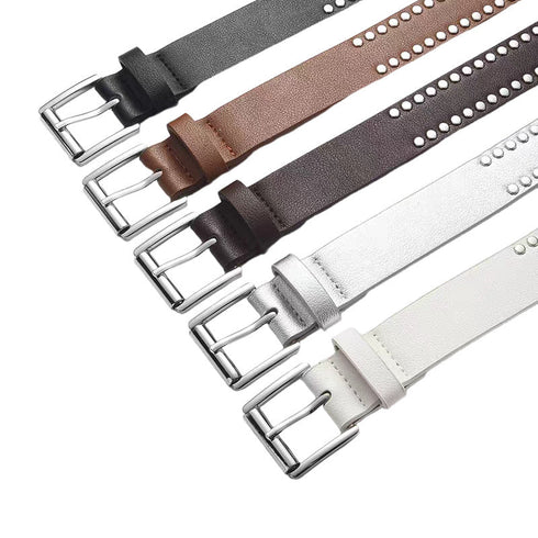 Five belt colors showing rectangular silver-tone pin buckles