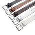 Five belt colors showing rectangular silver-tone pin buckles