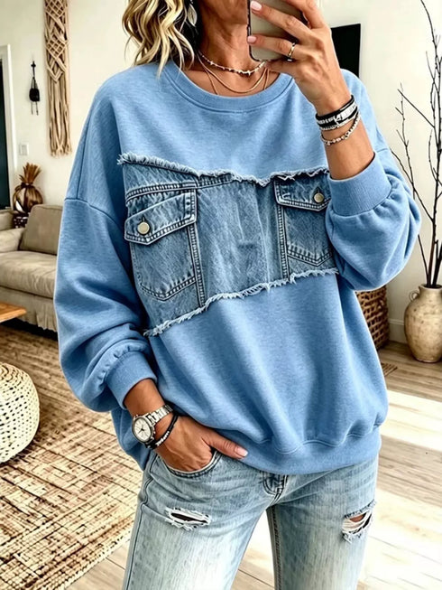 Plus Size Denim Patchwork Sweatshirt - Raw Hem Detail - Twice The Charm Boutique