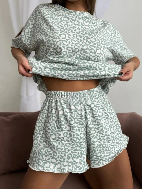 Leopard Pajama Set - T-Shirt & Ruffle Hem Shorts - Twice The Charm Boutique