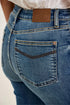 Detail of Judy Blue leather-look waistband patch and back pocket stitching