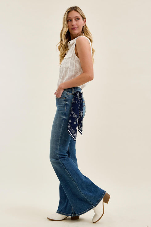 Judy Blue flared denim with a bandana at the back pocket
