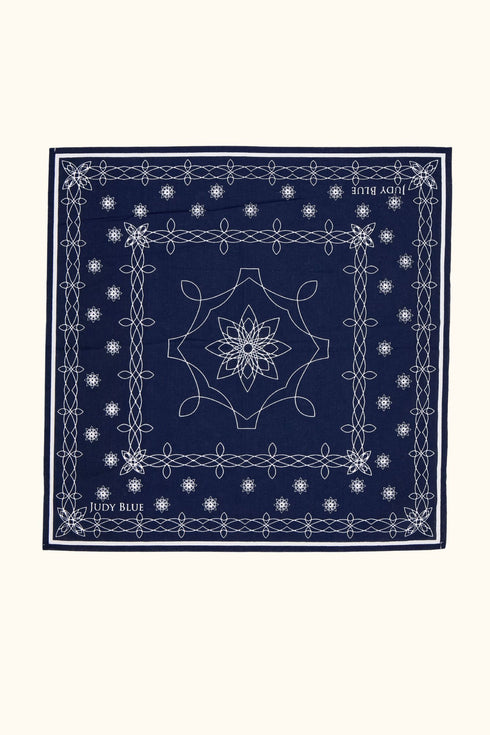 Navy square bandana with white border and floral motifs