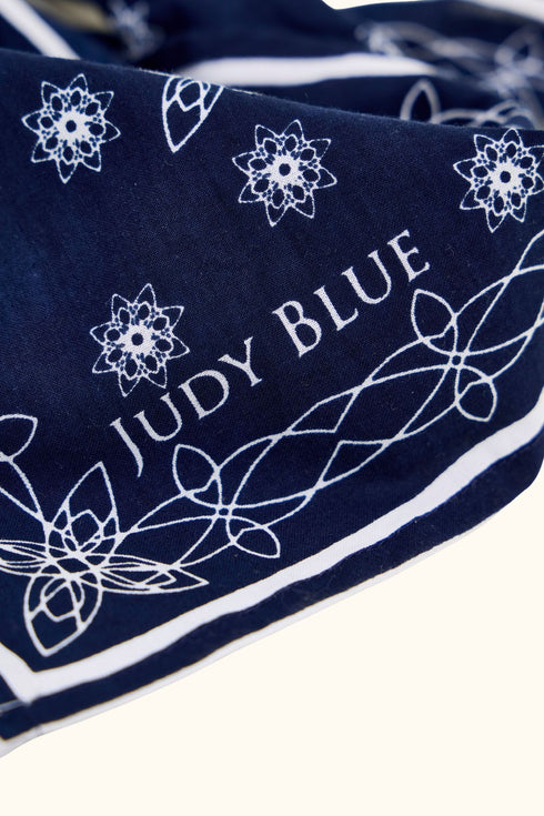 Close-up of navy bandana with Judy Blue lettering