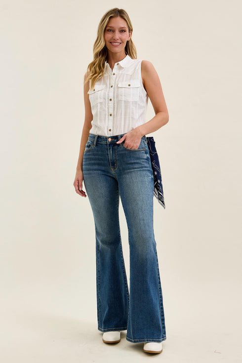 Front outfit view showing the full length of Judy Blue flare jeans