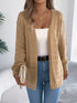 Khaki crochet-knit cardigan, full front view showing openwork panels