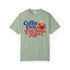 Coffee First Cute Things Later Comfort Colors tee in Bay, front view with red coffee cup, navy and red lettering and gold-tone sparkles