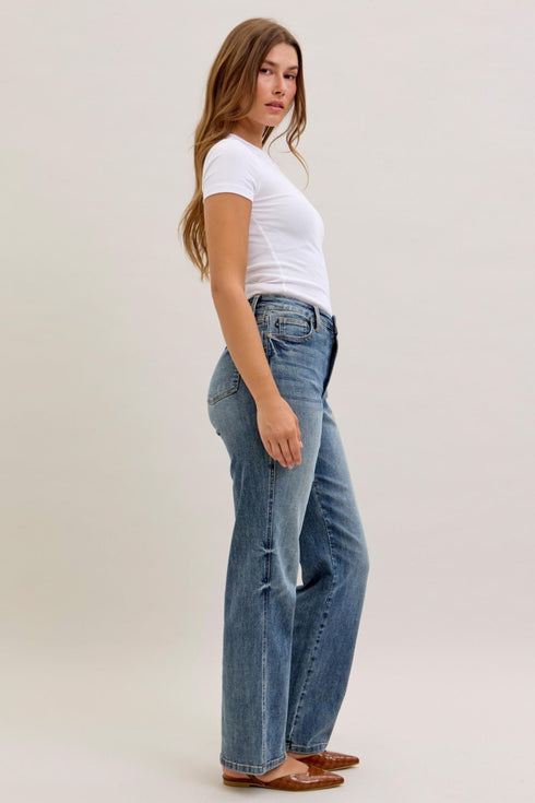 Judy Blue high-waist straight jeans on model, angled front view