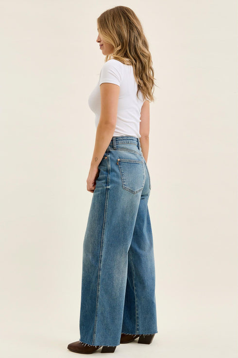 Side profile of Judy Blue high-waist baggy jeans showing the roomy leg