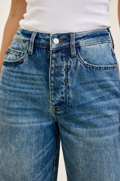 Close-up of the Judy Blue jeans waistband, button, belt loops and front pockets