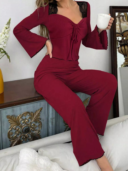 Lace Lounge Set - Flare Sleeve Top & Pants - Twice The Charm Boutique