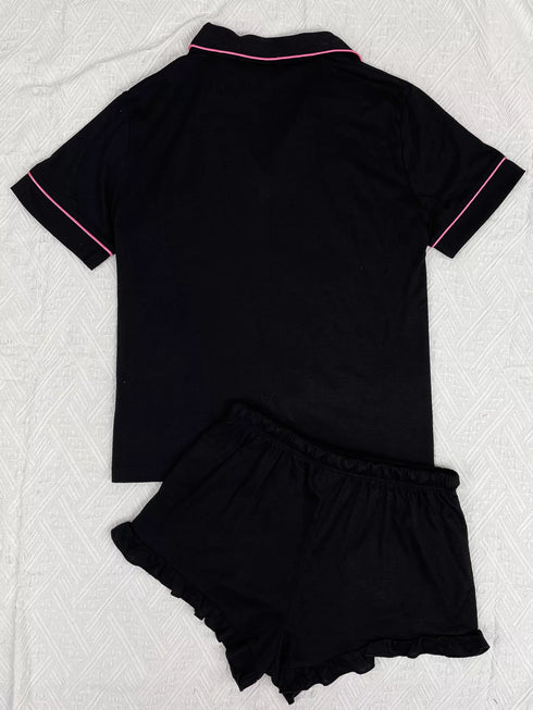 Button Down Pajama Set - Contrast Piping & Ruffle Shorts - Twice The Charm Boutique