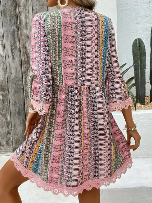 Lace Trim Printed V-Neck 3/4 Sleeve Dress - Twice The Charm Boutique