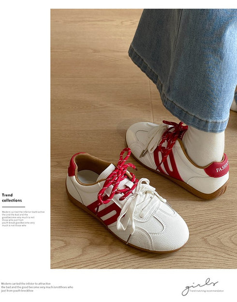 Editorial photo panel featuring white-and-red lace-up sneakers