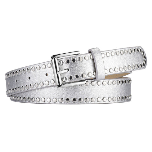 Silver studded belt with rectangular pin buckle